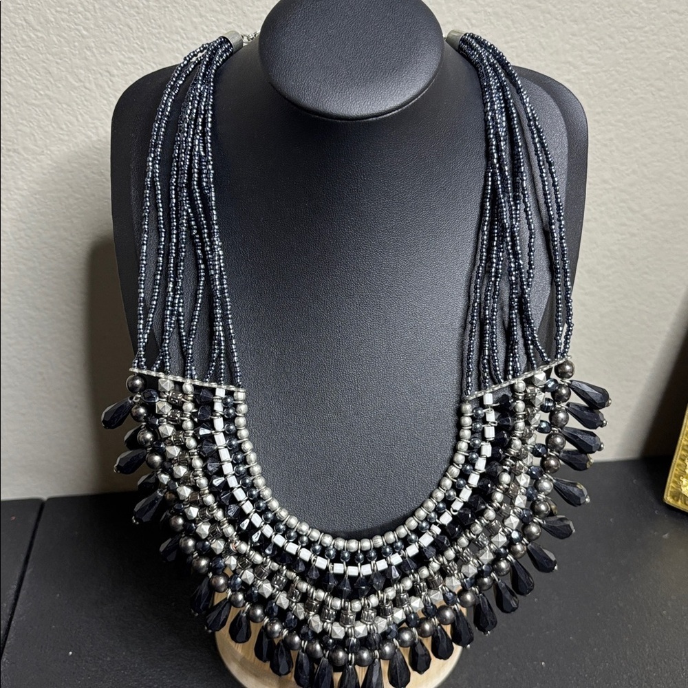 Statement Black and Silver Beaded Bib Necklace